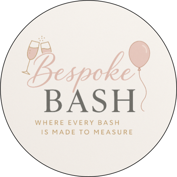 Round logo for 'Bespoke Bash' with champagne glasses and balloons on a white background